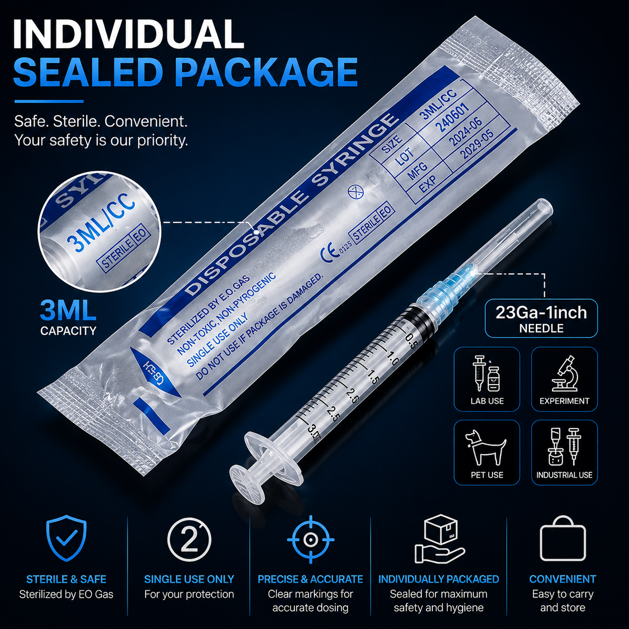 3ml/cc Disposable Luer Lock Lab Syringes with 23Ga 1.5 Inch Needle , Individually Sealed Packed - PACK OF 20